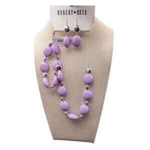 Robert Rose Lavender Beaded Necklace Bracelet Earrings Set Silver Tone Jewelry